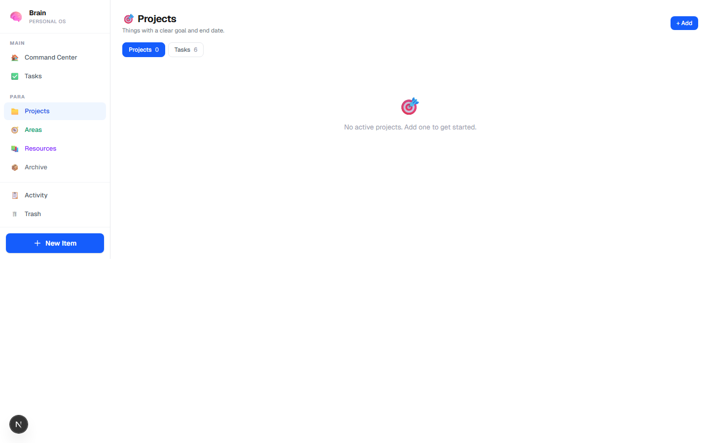 The projects view with active project cards and task counts.