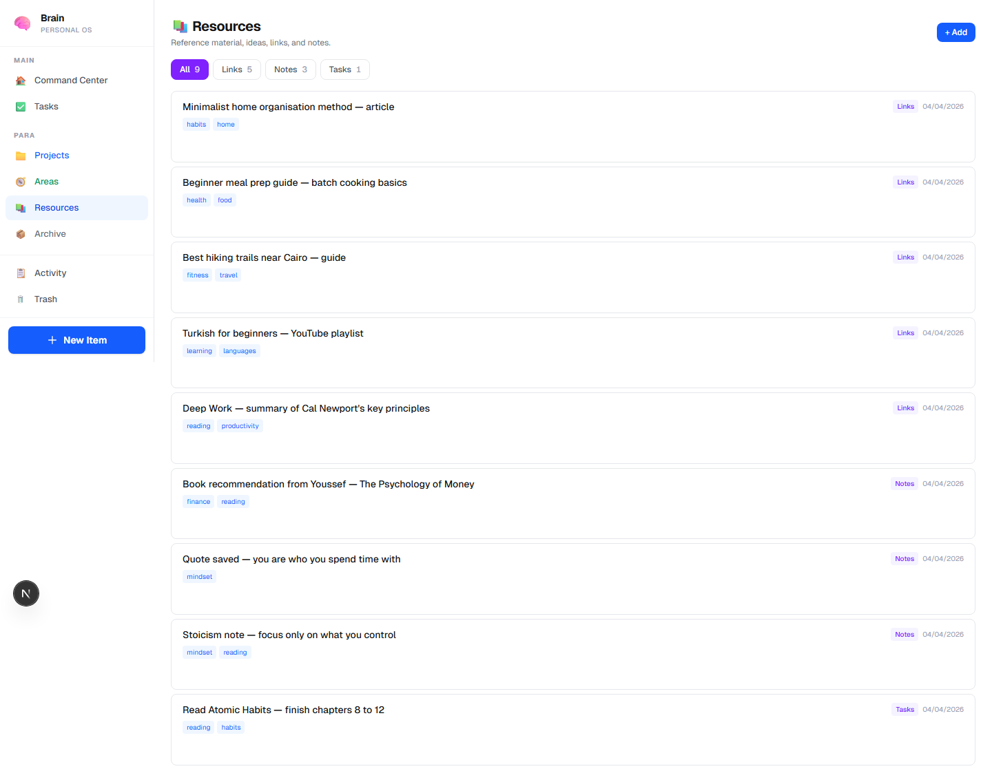 The resources view with category filters and reference items.